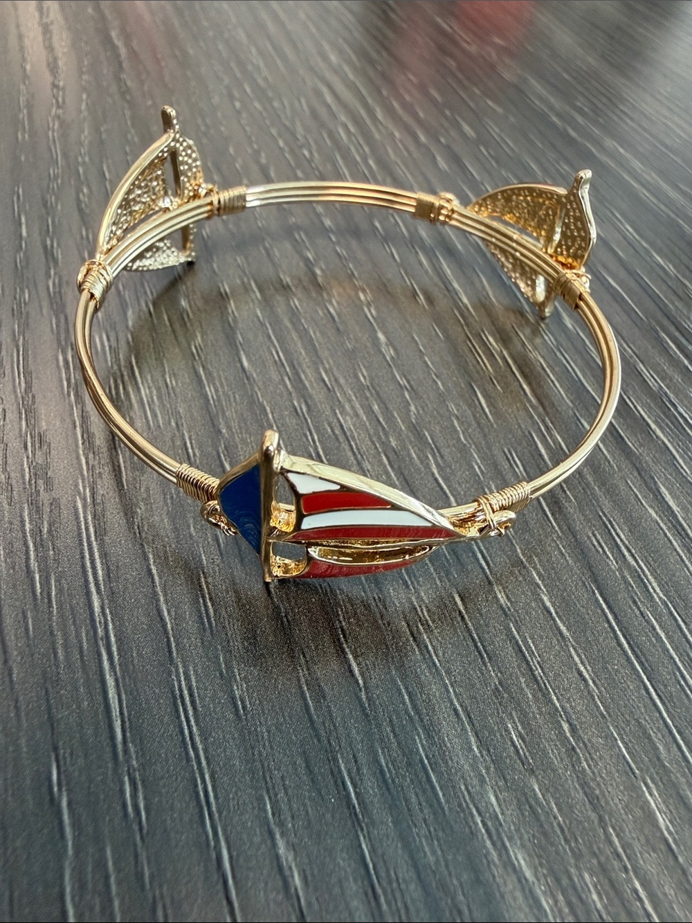 Gold Red White Blue Nautical Sailboat Bangle Bracelet